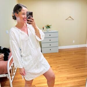 NWT J. Crew White Cotton Linen Long Sleeve Mini Dress Swim Coverup Medium